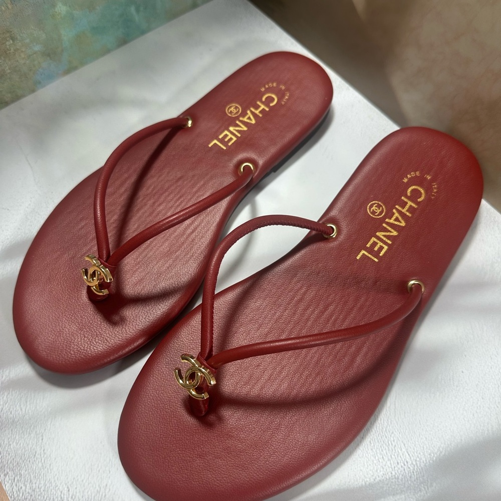 Authentic Chanel Terracotta Leather Flip Flops with CC Logo